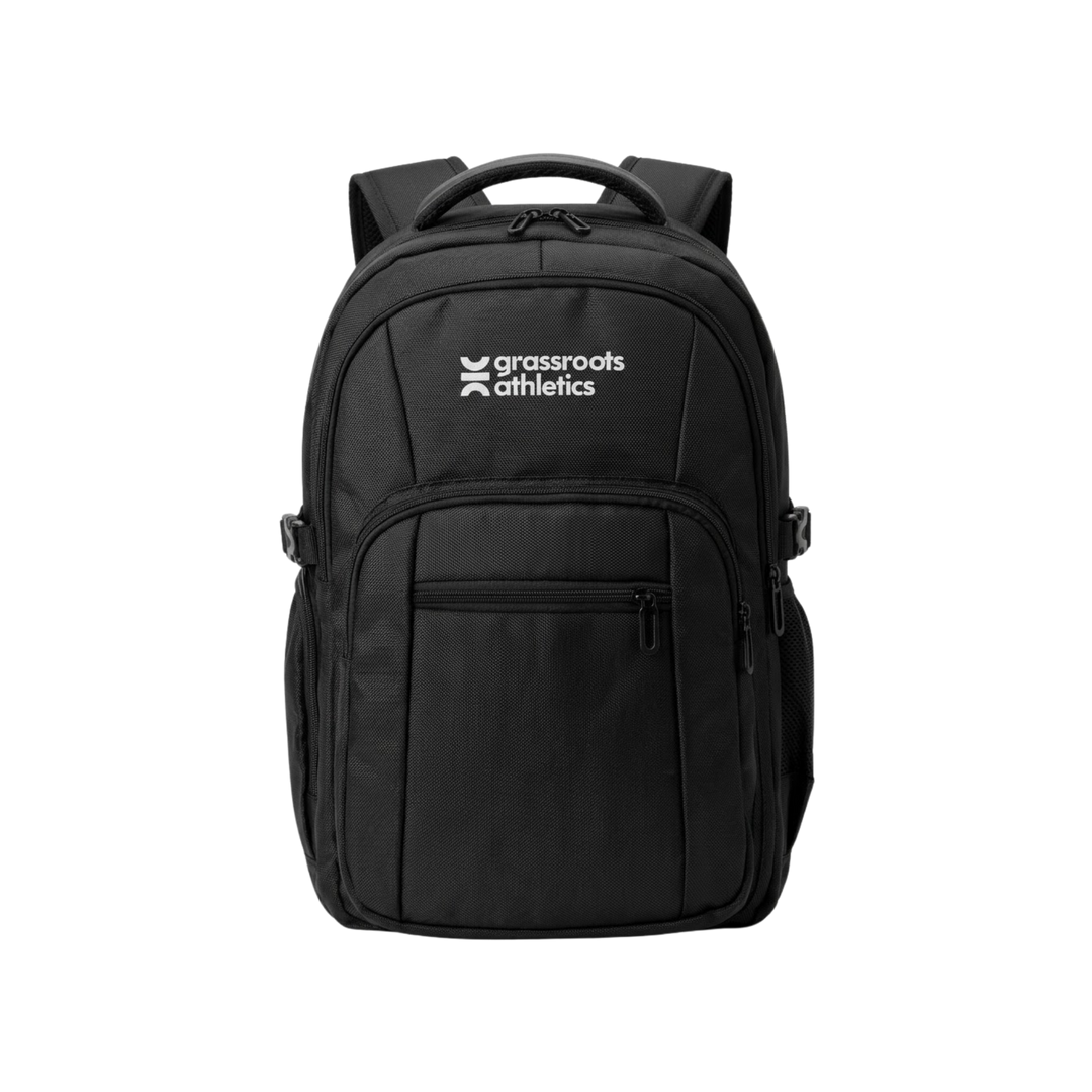Grassroots Athletics Matchday Backpack, side view showing compression strap and side pocket