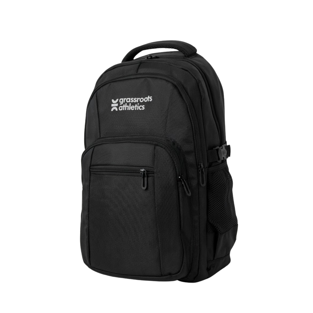 Grassroots Athletics Matchday Backpack, angled front view with mesh bottle pocket