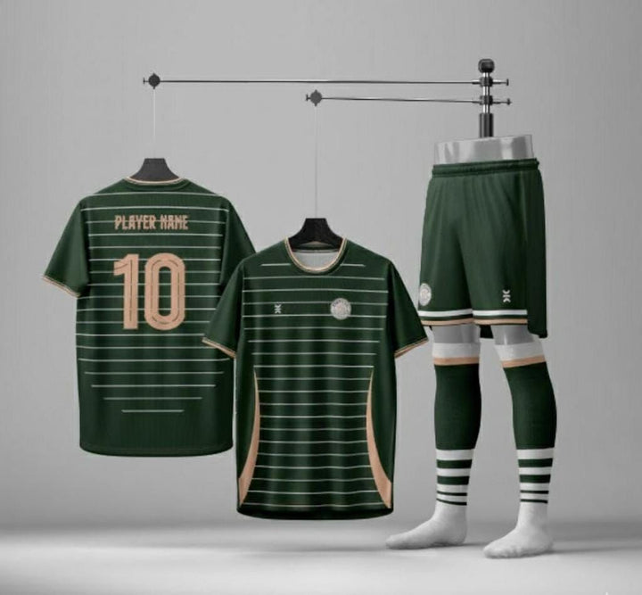 FC Peachtree 26/27 Jersey in green, front and back views with matching shorts and socks