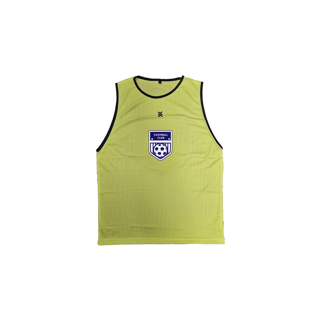 Custom club training pinnie in yellow with club badge on the front