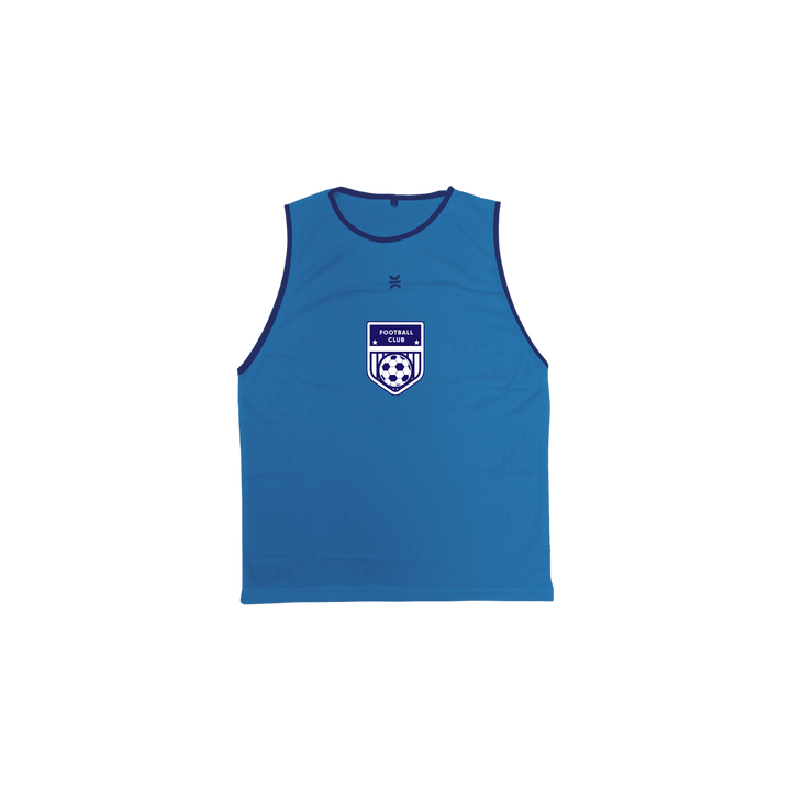Custom club training pinnie in blue with club badge on the front